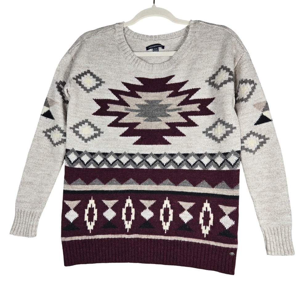 American Eagle Outfitters Sweater XS Southwestern Aztec Knit Beige Burgundy Wool